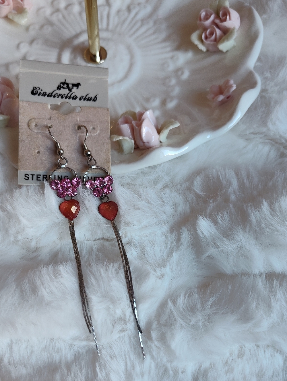 Cinderella Club Pink Crystal and Orange Heart Sterling Silver Dangle Earrings